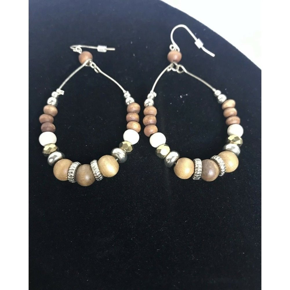 Beautiful Beaded Earrings Wooden Goldtone